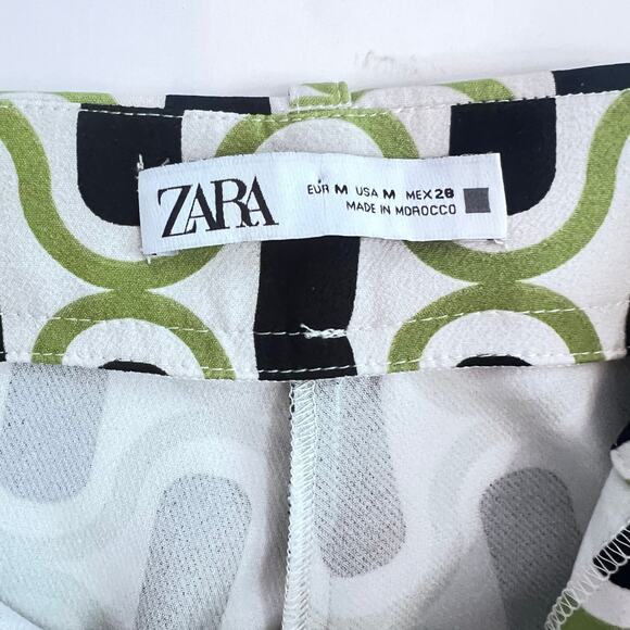 ZARA WOMENS GEOMETRIC PATTERN TROUSERS PANTS HIGH WAIST GREEN WHITE BLACK SIZE M - Picture 8 of 11